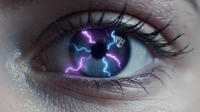 Close up of human eye with glowing purple and blue electric lightning bolts vibrant energy effect