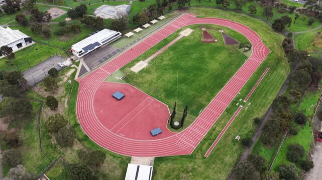 Aerial view of an empty athletics running track