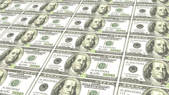 Hundred-dollar bills paper money animation background. 