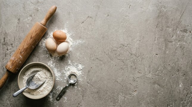 Baking ingredients on rustic kitchen surface.
