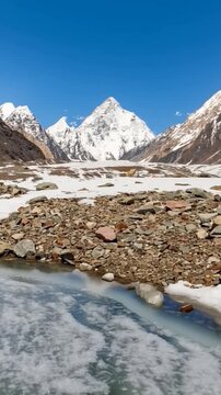 K2 mountain peak, second highest mountain in the world, K2 trek, Pakistan, Asia. Vertical video.