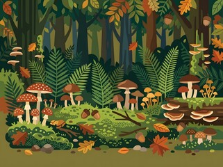 Obraz premium Forest Floor Illustration Featuring Various Fungi Ferns and Autumnal Foliage