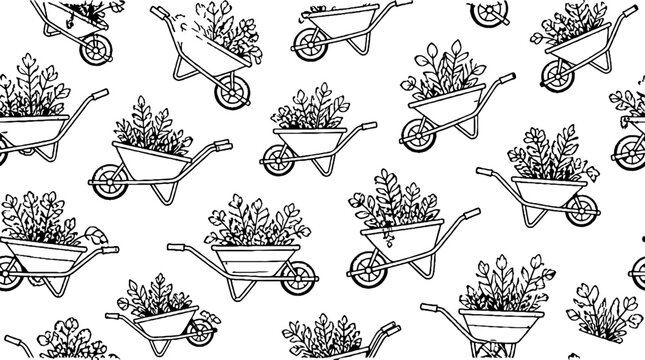 Repeating pattern of wheelbarrows filled with flowers.