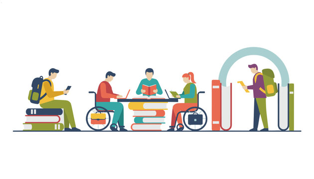 Group of diverse young college students, including wheelchair users, study diligently surrounded by massive books.