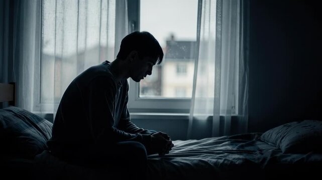 Solitary man sitting on bed in dimly lit room by window lost in deep thought and reflection