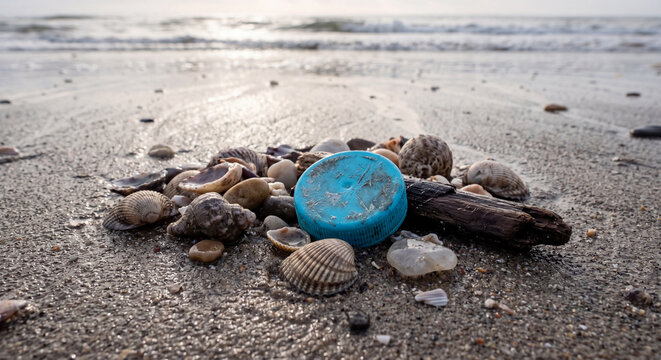 Close up of a blue plastic bottle cap discarded among natural sea shells and driftwood on a sandy beach shore