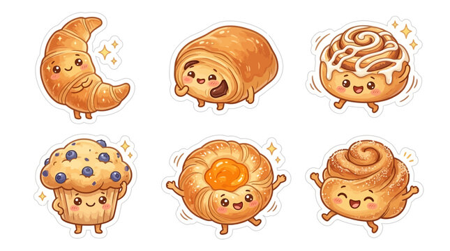 Cute Kawaii sticker set of smiling pastries croissants, muffins, cinnamon rolls. Sweet baked goods illustrations for playful designs