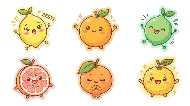 Adorable Kawaii sticker designs a vibrant collection of happy cartoon fruits including lemons, oranges, limes, grapefruits, and tangerines. Perfect for any creative project