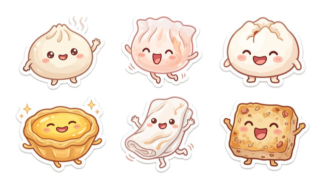 Cute Kawaii sticker set of happy Asian food. Adorable dim sum, bao buns, dumplings, and sweet egg tarts bring culinary joy, perfect for playful digital designs and cheerful aesthetics