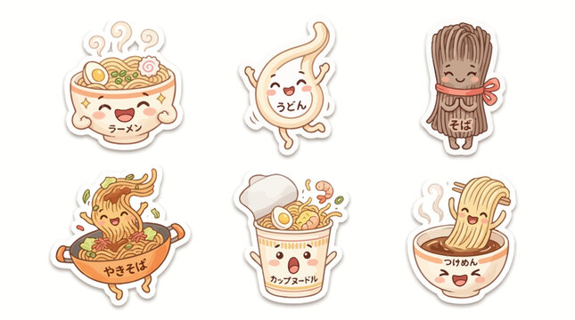 Delightful Kawaii sticker collection of popular Japanese noodle dishes. Cute ramen, udon, and soba characters with cheerful faces, ideal for vibrant culinary themes