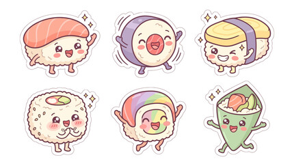 Fototapeta premium Charming set of expressive Kawaii sticker illustrations depicting cheerful sushi and maki, bringing a touch of cuteness to any design project or craft