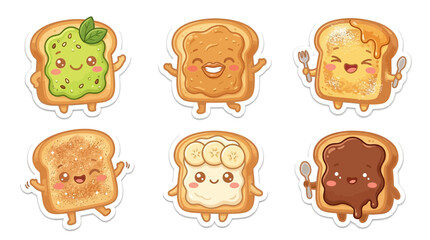 Fototapeta premium Adorable Kawaii sticker illustrations depicting happy toast characters, each with unique sweet and savory toppings, perfect for joyful food designs