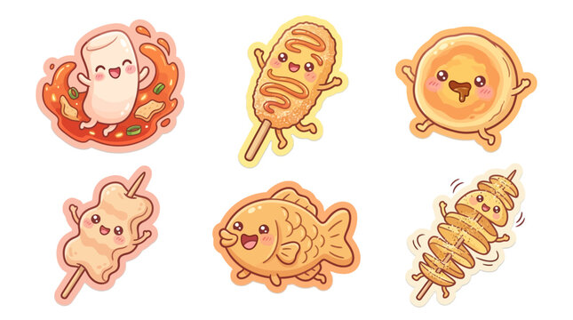 An adorable Kawaii sticker collection showcasing popular Asian street food items with cute, happy cartoon faces. Perfect for playful designs and adding sweet charm