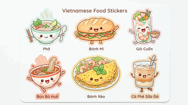 Cute Kawaii sticker collection of popular Vietnamese food dishes like pho, banh mi, and iced coffee, presented in an adorable illustrative style
