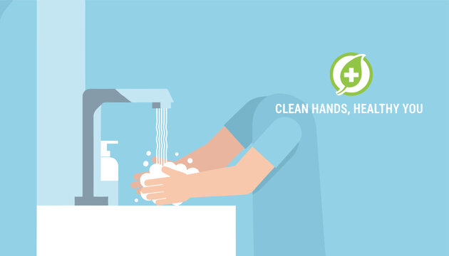 Clean hands healthy you concept with a person washing their soapy hands under a running tap water faucet in a bathroom.