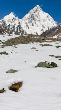 K2 mountain peak, second highest mountain in the world, K2 trek, Pakistan, Asia. Vertical video.
