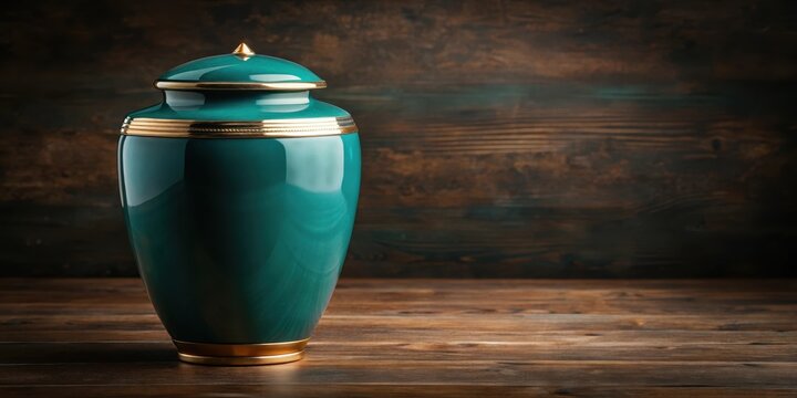 Elegant teal ceramic urn with gold accents sits atop a dark wooden table