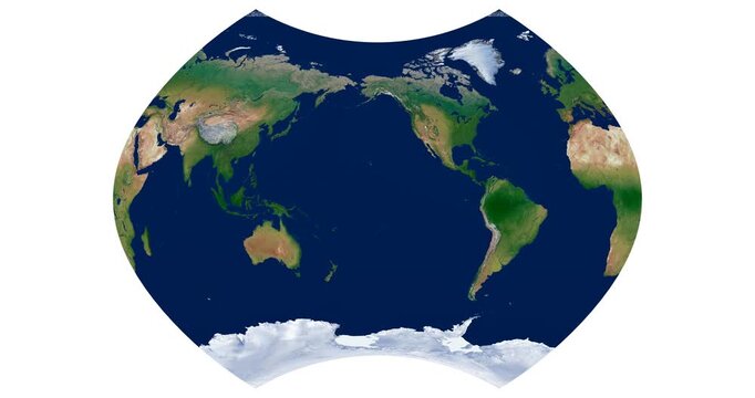 World Map. Ginzburg IX projection. High detail physical map of Earth. Animation with longitude rotation.