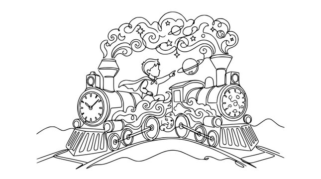 Childhood imagination, boy in superhero cape driving two trains through space, stars and planets
