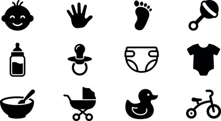 Obraz premium Vector black silhouette icons for infancy product marketing parenting elements and toddler shower design concept