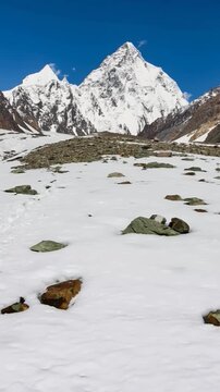 K2 mountain peak, second highest mountain in the world, K2 trek, Pakistan, Asia. Vertical video.