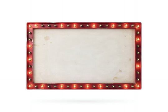 A rectangular vintage marquee sign frame with glowing red light bulbs surrounding a blank off-white center, isolated on a white background