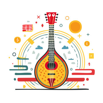 Flat vector illustration of a mandolin with decorative elements