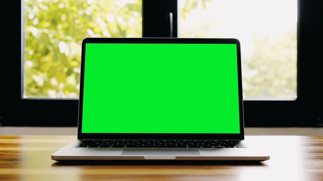 Laptop with green screen display on a wooden desk by a window with blurred nature.