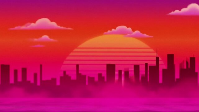 City skyline at sunset with warm gradient sky