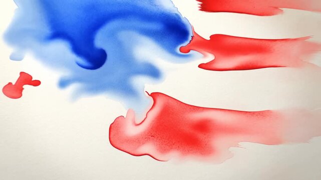 American flag watercolor painting illustration. Red and blue ink splatters forming abstract stripes and star field pattern. Patriotic art concept for national holidays and independence day.