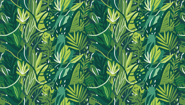 Seamless pattern of lush tropical green jungle leaves, monstera plants, and wild exotic foliage background.