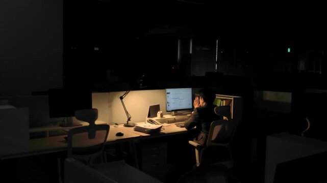 A single office worker sitting under a warm desk lamp in a completely dark office environment working late at night.