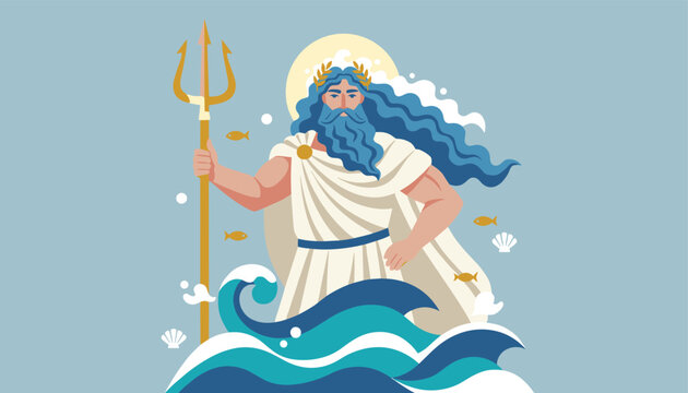 Mythological greek god Poseidon rising from blue ocean waves holding a golden trident against a light circular background.