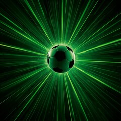 Naklejka premium Dynamic Soccer Ball Radiating Green Energy Beams with High Speed Motion Blur Effects for Sports Concept Background