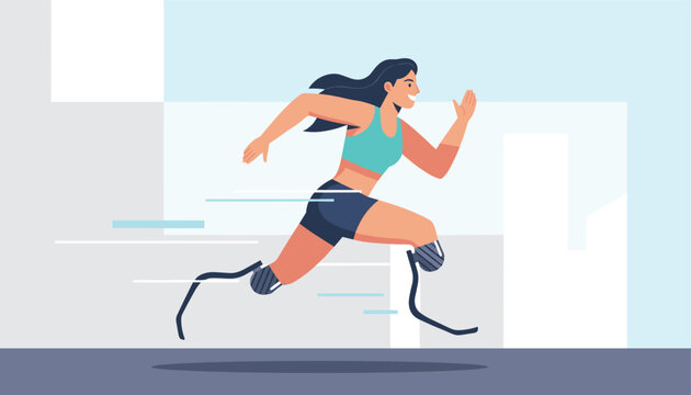 Determined female athlete with prosthetic legs sprinting incredibly fast against a modern urban skyline backdrop.