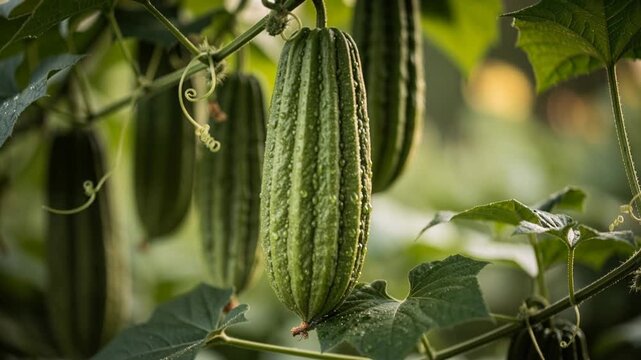 Close up of fresh bitter melons covered in morning dew hanging on lush green vines in natural garden