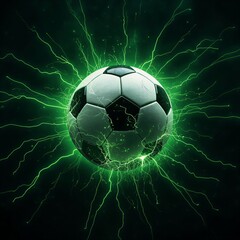 Fototapeta premium Energetic soccer ball pulsating with vibrant green lightning bolts, symbolizing power and dynamism in sports