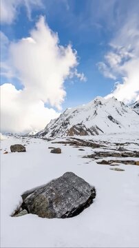 K2 mountain peak, second highest mountain in the world, K2 trek, Pakistan, Asia. Vertical video.