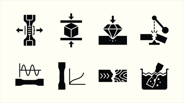 Mechanical materials testing solid black vector icon set collection