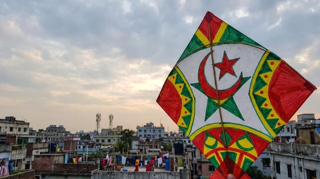 Traditional Bangladeshi kite flying against a cloudy sky over rooftops