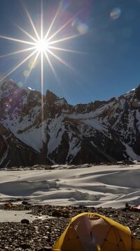 K2 mountain peak, second highest mountain in the world, K2 trek, Pakistan, Asia. Vertical video.