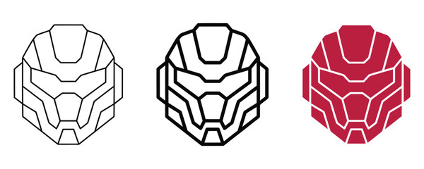 Futuristic sci-fi helmet head icons in linear and solid styles with futuristic character technology protection cybernetic minimalist interface pictogram abstract geometric © Eps World