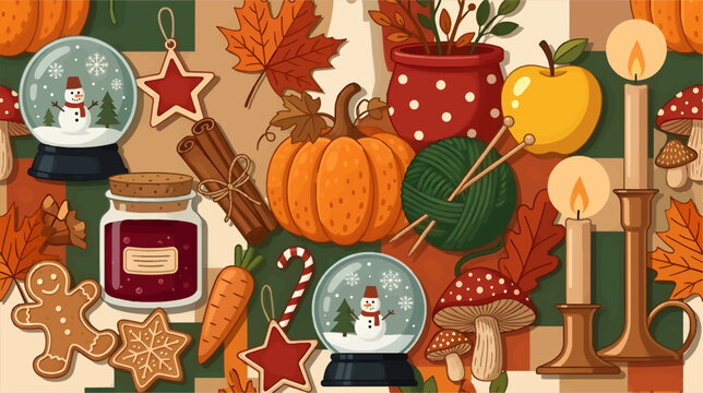 Autumn Winter Holiday Seamless Pattern with Pumpkin, Snowman globes, Gingerbread Cookies, Candles, Yarn, Mushrooms, and Leaves, Flat Vector Illustration