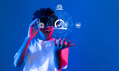 Fototapeta na wymiar A young individual immersed in virtual reality, showcasing the excitement of agile business methodologies through innovative technology and interactive graphics. XDMCP