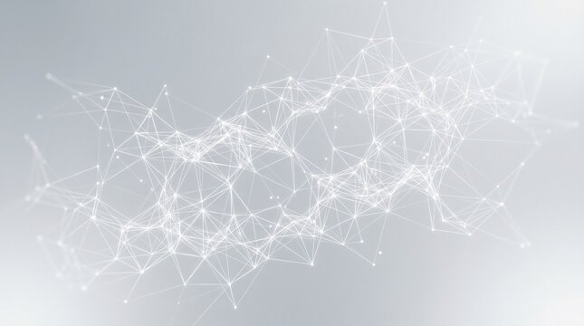 Abstract network of connected white dots and lines on a light grey background.