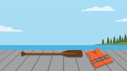 Fototapeta premium Paddle and Life Vest on Wooden Dock at Calm Lakeside Ready for Summer Adventure
