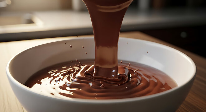Molten chocolate pouring into a white bowl creating ripples and splashes during preparation for desserts