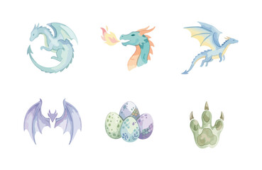 Fototapeta premium Watercolor dragon icon set with mythical elements on white background