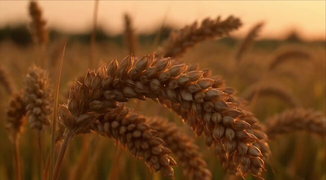 Golden wheat field sunset glow with golden ear grain crop agriculture rural landscape nature harvest season farm tranquil countryside, organic cereal food glowing warm evening light creating peaceful