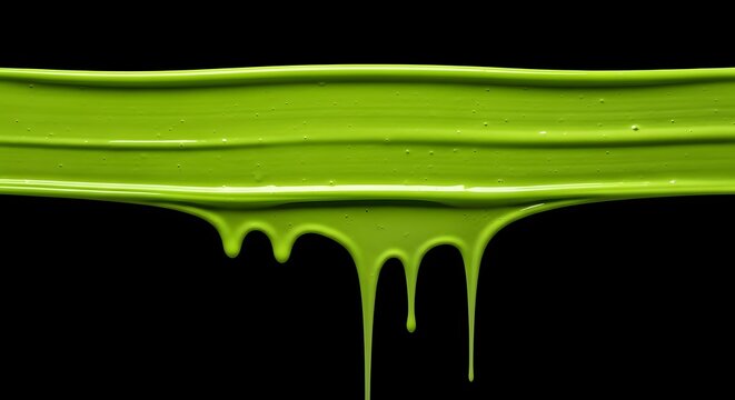 Bright neon green paint stroke with thick drips flowing down isolated against a solid black background